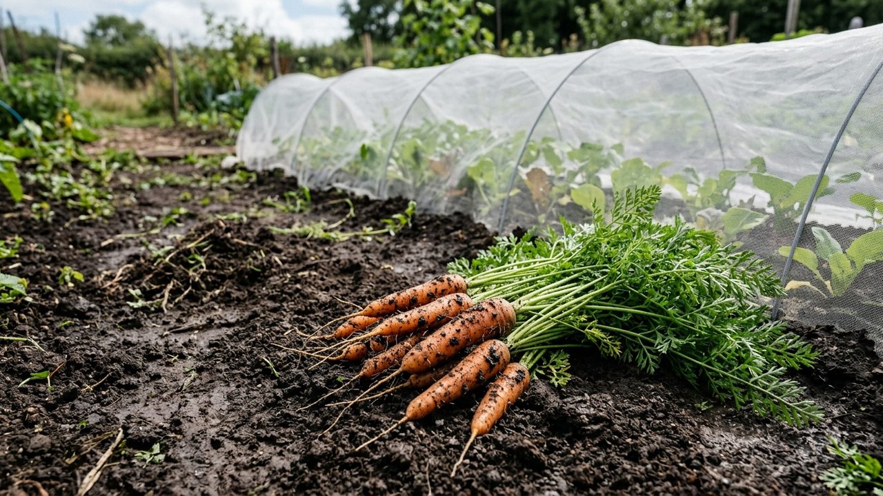 A freshly harvested bunch of carrots with leafy tops, grown in Scotland