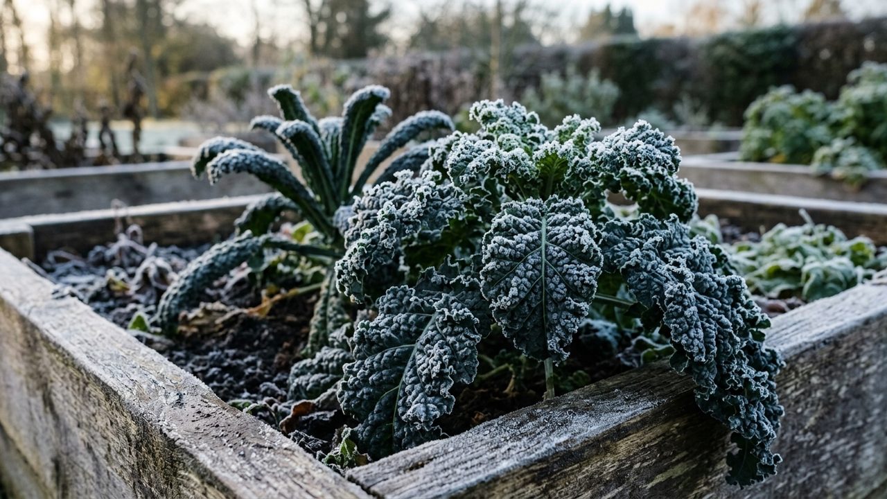 Dark green kale leaves growing in a Scottish garden bed