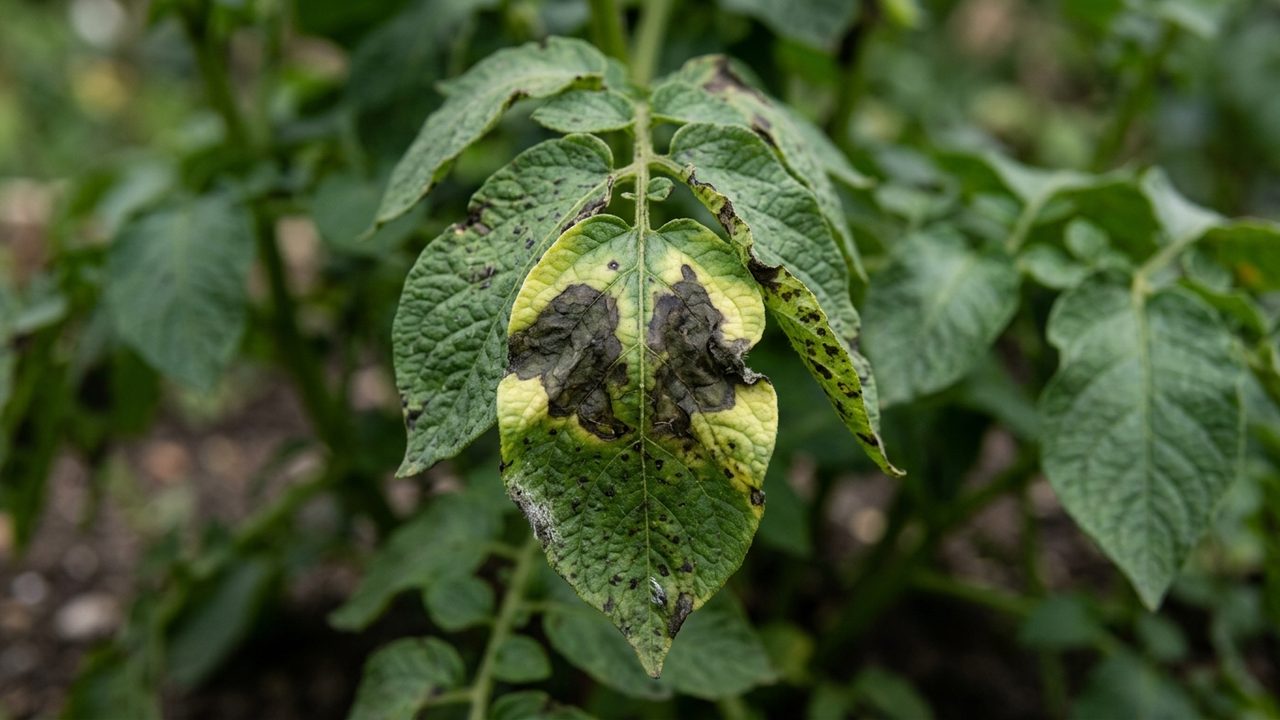 Potato leaves showing the dark, water-soaked lesions of blight